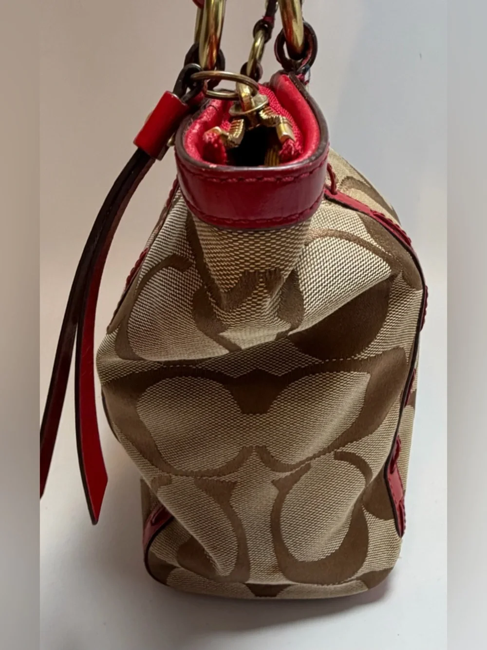 Coach Red Leather & Signature Print Tote with Plaid Interior #13005